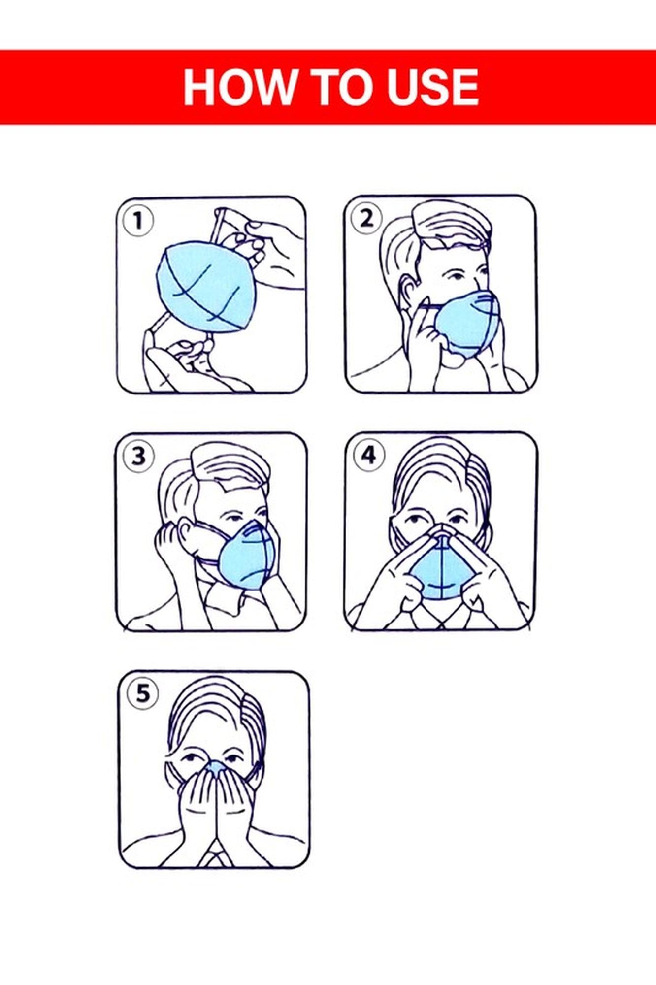 Step-by-step instructions on how to use a face mask with illustrations and text.