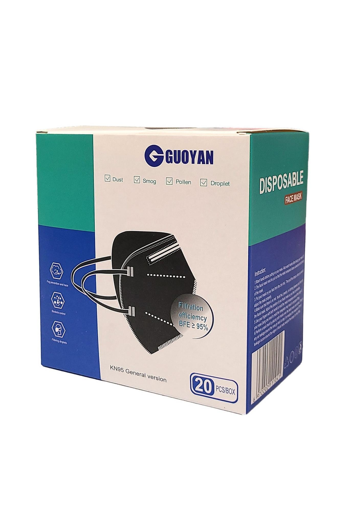 Box of Guoyan disposable face masks with a white background