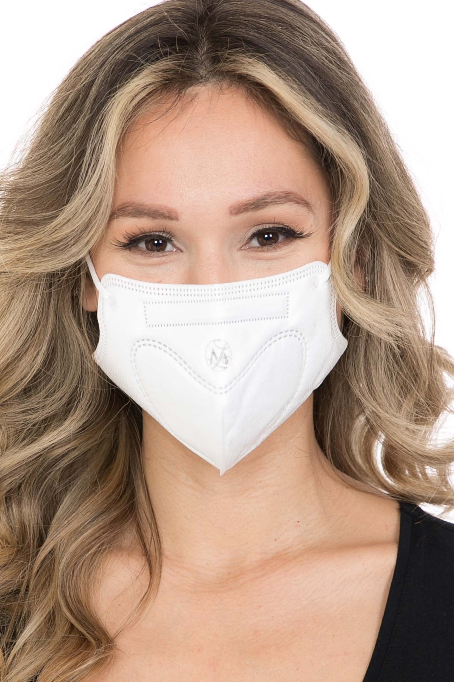 Woman wearing a white face mask on a white background